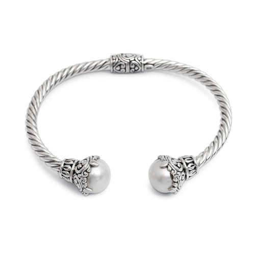 NOVICA Artisan Handmade Cultured Freshwater Pearl Cuff Bracelet .925 Sterling Silver from Indonesia 'Sterling Rope'