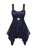 Rosegal Women Plus Size Handkerchief Lace Tank Top with Belt Buckles Straps Rose Lace Overlay Backless Flowy Tunic Tank Top Elegant Sleeveless Shirt(Blue_1/2X)