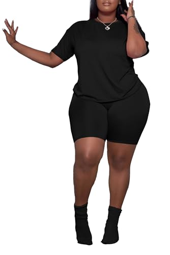 PINSV Women's Plus Size 2 Piece Outfits Tracksuits Short Sleeve