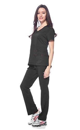 Dagacci Medical Uniform Women's Scrubs Set Stretch Ultra Soft V-Neck Top And Pants Black Xxl #TOP2