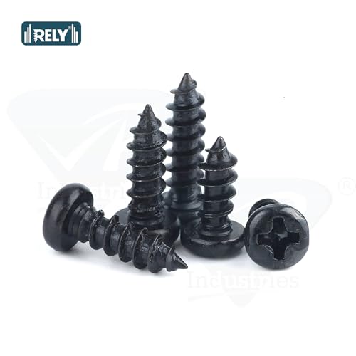 Image of Rely⇒VP INDUSTRIES (Pcs-50) No.8x38 mm Pan Phillips Head Self-Tapping Screws - Black Zinc Coated Mild Steel, High-Tensile for Wood, Plywood, Plasterboards, Cabinets & DIY Use