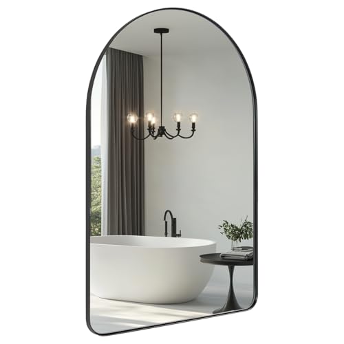 Image of ANDY STAR Arched Mirror, Black Bathroom Mirror in Stainless Steel Metal Frame, Arch Top Rounded Corner 1 Inch Deep Set Design Wall Mount Hangs Vertical