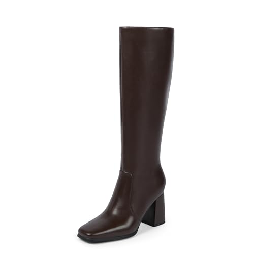 Modatope Chocolate Dark Brown Knee High Boots Women Chunky Heel Square Toe Tall Boots for Women High Heel Side Zipper Womens Heeled Tall Boots Size 7.5