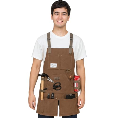ShopINess Delantal Industrial Multifuncional Unisex de Lona con Bolsillos Delantal Impermeable para Jardinería Barbacoas Catering Bricolaje y Barbería Correa Ajustable y Fácil de Limpiar (Marrón)