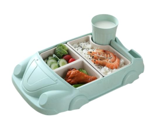 WOLKKAM 子供用プレート クリエイティブ 竹繊維 漫画 フードプレート 仕切り付き食器セット (グリーン)