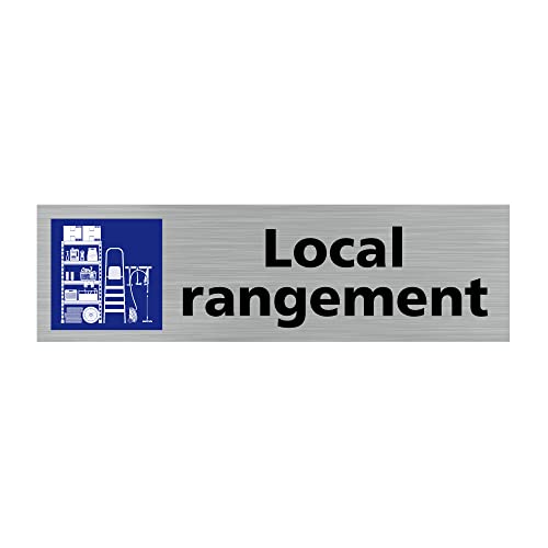 Pictogramme LOCAL RANGEMENT (Q0424). Signalisation Porte Rectangulaire. Autocollant souple ou plaque alu brossé 2mm. - Adhésif aspect aluminium brossé -