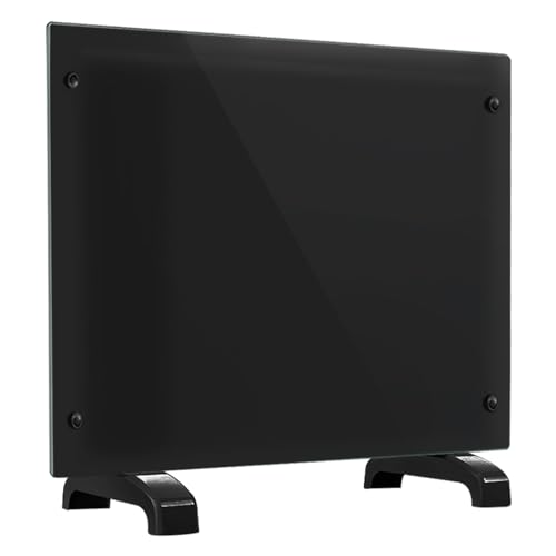 Electric Heater Glass Panel Radiator - Ultra Slim (11cm) - 1Kw - Adjustable Thermostat - Wall Mountable or Free Standing - Wall Bracket Included, Black