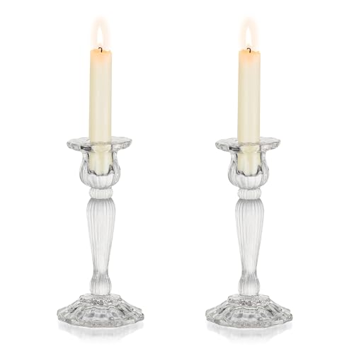 Nuptio Glass Candlestick Candle Holder Set of 2 Taper Candle Holder Clear Candle Holders for Candlesticks Candleholders for Long Candles Stick Tall Wedding Birthday Party Dinner Table Centerpiece