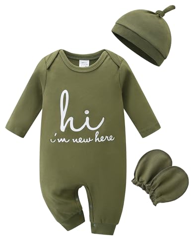 Image of Babymine Cute Newborn Unisex Baby 100% Cotton Long Sleeve Onesie Coming Home Outfits,Soft Romper with Mittens & Hat