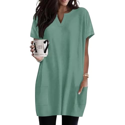 Rapbin Womens Tunics or Tops to Wear with Leggings Short Sleeve V Neck Long T-Shirts with Pockets 2026 Spring Shirts Green X-Large