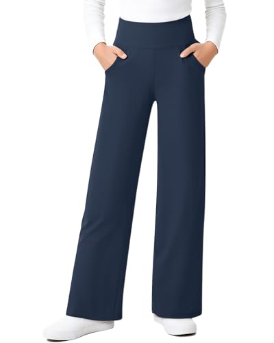 G4Free EverGoing Fleece Girls Wide Leg Pants with Pockets High Waist Winter Thermal Dance Running Pants 6-12 Years (Dark Navy,XL)