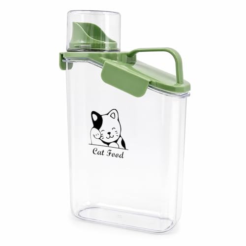 Geyecete dry cat food container with Measuring Cup & Pour Spout Portable-3 Qt/2.8 L Clear Plastic cat Food Jar Airtight Transparent-Green