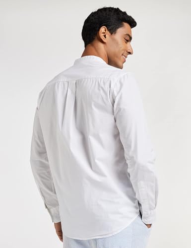 Image of Amazon Brand - Symbol Men's Cotton Shirt | Chinese Collar | Casual | Plain | Full Sleeve | Summer - Regular Fit (Available in Plus Size) (White + Brown XL) (Combo Pack of 2)