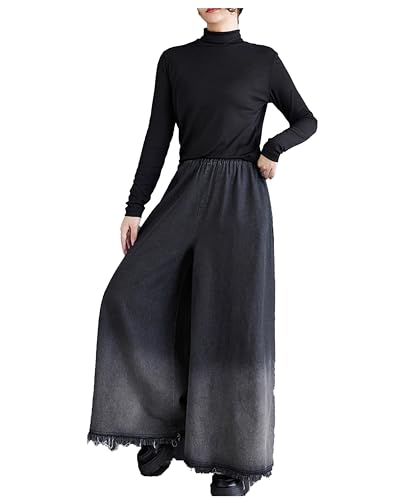 ellazhu Women's Pants Elastic Waist Wide Leg Pockets Color Block Baggy Loose Oversize Trouser GZ315