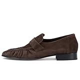 SUIARA Loafers for Women Chunky Heel Brown Suede Penny Loafers Flat Shoes Slip on Comfortable Dressy Shoes Formal Work Flats