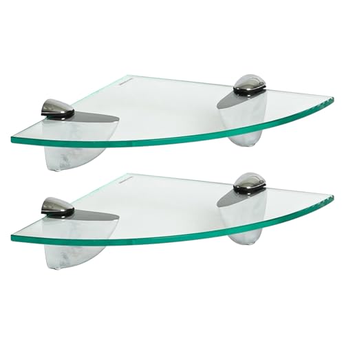 Harbour Housewares 2X Clair 20cm Étagères d'angle en Verre Flottant - Salle de Bain Douche Cuisine Rayonnage Stockage Unité d'Affichage avec Supports...