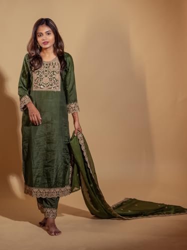 Image of VredeVogel Women's Silk Blend Embroidered Kurta with Pant & Silk Chiffon Dupatta Set