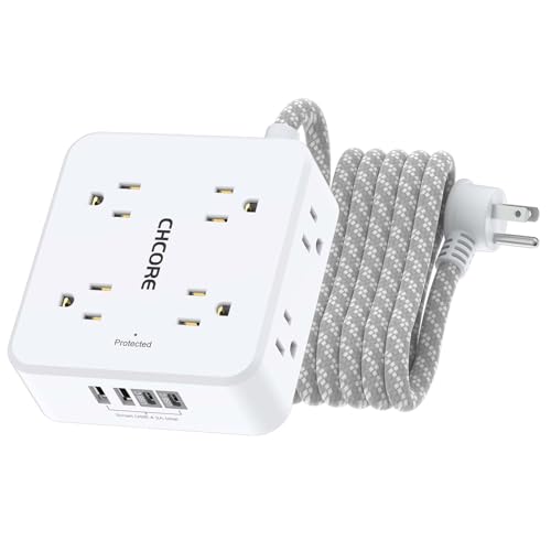 Surge Protector Power Strip - CHCORE 10 Ft Braided Extension Cord with 8 Outlets with 4 USB (2 USB C) Charging Ports, Flat Plug Multi Plug Outlet Extender Charging Station for Home Office, ETL, White