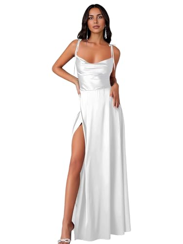 POMUYOO Spaghetti Straps Satin Bridesmaid Dresses for Women Cowl Neck Long A-Line Formal Gowns with Pockets