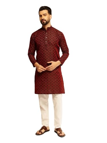 Image of SOJANYA (Since 1958 Men's Jacquard Silk Contrast Red Thread Woven Design Kurta With Pyjama