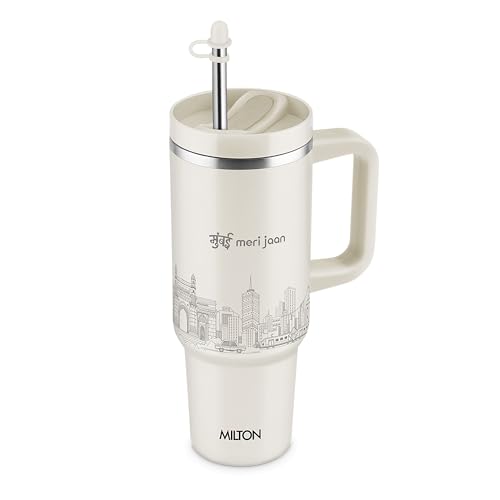 Image of MILTON Malmo 1200 Thermosteel Double Wall Vacuum Insulated Stainless Steel Tumbler with Handle 1100ml, Travel Mug with Straw,Silicon Cap,Cleaning Brush,Hot & Cold Beverage Flask,Mumbai Cream
