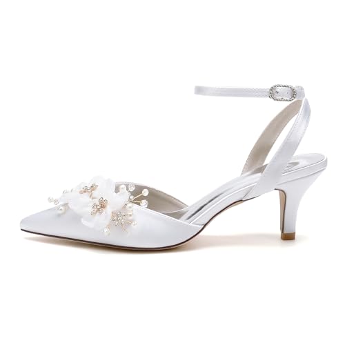 Women's Pearl Wedding Shoes - Kitten Heels, Bridal Shoes, Closed Toe, Ankle Strap, Satin Slingback Heels, Pumps4