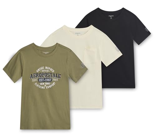 Lista de Camisetas de manga corta para Niño - solo los mejores. 46 AEROPOSTALE - Camisetas atléticas para niños, paquete de 3 camisetas de manga corta de mezcla de algodón, camisas para niños con bolsillos laterales (8-16), Verde Negro Tan,...