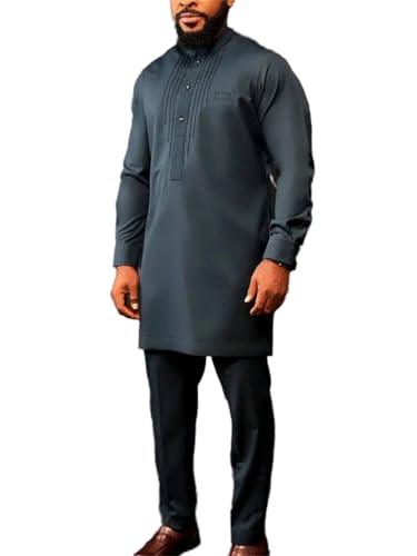 crazynekos Men's Muslim Outfit Set Long Sleeve Top Pants Suit African 2 Pcs Set Ethnic Style Traditional Tracksuit (Green,X-Large)