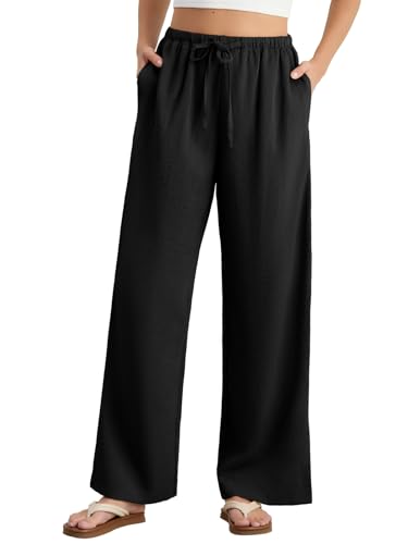 Feiersi Women's Casual Pants Drawstring Elastic Waist Pants Flowy Wide Leg Beach Trousers with Pockets4