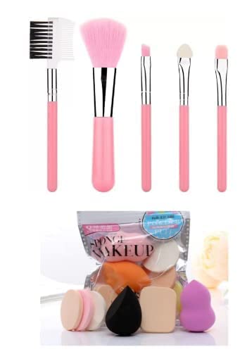 Women’s & Girl’s Soft Bristles 5 Pcs Pink Makeup Brushes Set with 6in1 Makeup Sponges – (Pack of 11)