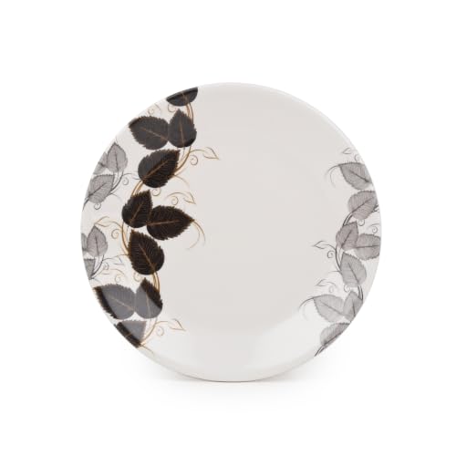 Image of Golden Fish Melamine Round Dinner Set of 18 (6 Plates + 6 Veg Bowls + 6 Half Plates) | Blue-Grey Botanical Leaf Print | Unbreakable, Dishwasher & Microwave Safe