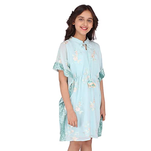Image of Cutecumber Girls Georgette Floral Embroidered Aqua Kaftan Dress.