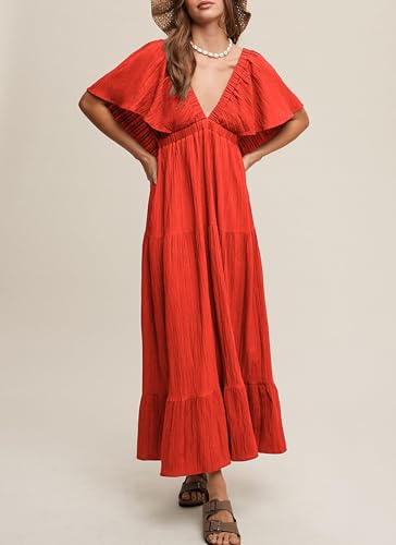 Image of Kikibell Women Summer Dresses Sexy V-Neck Maxi Dress Tiered Silhouette with Flutter Sleeve Backless Elastic Waist Flowy Dress