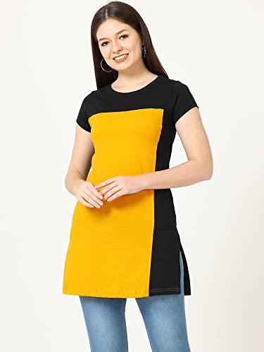 Image of FLEXIMAA Women's Cotton Round Neck Color Block Half Sleeve Long Top