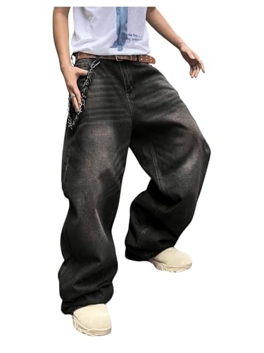 SHENHE Men's Wide Leg Jeans Vintage Baggy Jeans Casual Loose Fit Denim Pants with Pockets Black Small