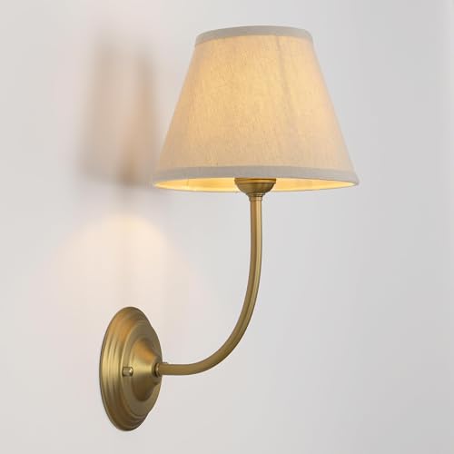 Image of Vintage Fabric Wall Sconce 8.66 inch Diam Linen Cloth Shade, E26 Hardwired Indoor 1-Light Wall Mounted Lamp Fixture for Living Room Bedroom Stairs Hallway