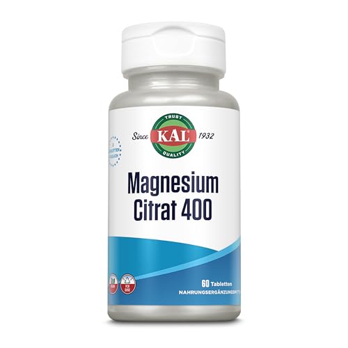 KAL Magnesium Citrat 400 mg 60 Tabletten vegan laborgeprüft Nahrungsergänzungsmittel mit Magnesium Energieproduktion des Körpers Gesunde Funktion von Nerven & Muskeln 13455 Weiß 7.5 kg (1er Pack)