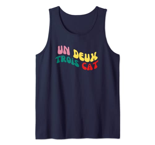 Retro Cat Pun Un Deux Trois Divertido profesor francés Francofilo Camiseta sin Mangas