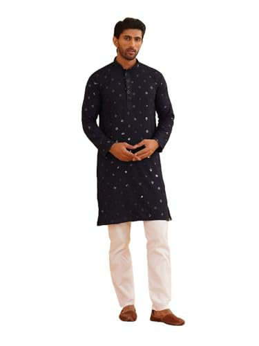 Image of SOJANYA (Since 1958 Men's Cotton Embroidered Sequinned Kurta with white Churidaar Pyjama