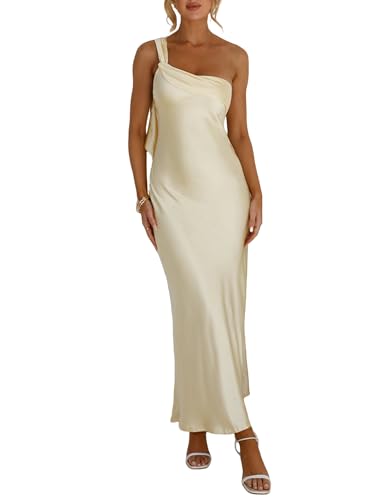 Image of 2026 Satin One Shoulder Maxi Dress for Women Summer Silk Formal Elegant Backless Ruffle Sleeveless Wedding Guest Dresses