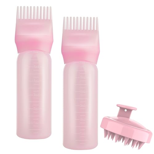 Gezimetie Lot de 3 flacons applicateurs de peigne à racines avec brosse de massage du cuir chevelu, brosse à shampooing, teinture et traitement du cuir chevelu (rose)