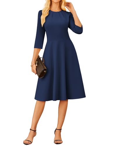 Damen Elegant Cocktailkleid Vintage 3/4 Ärmel Hohe Taille A-Linie Midikleid M Marineblau