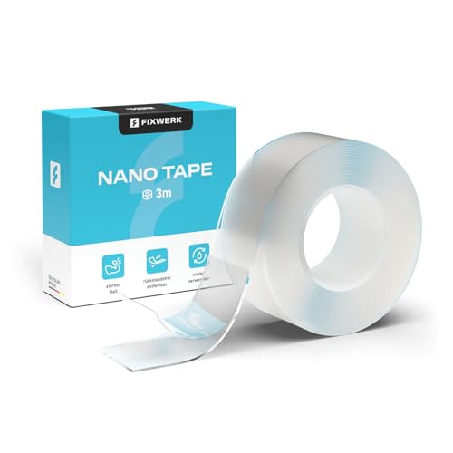 FIXWERK Nano Tape Ruban adhésif double face extra fort Rouleau de 3 m Ruban adhésif amovible Lavable et réutilisable Transparent 1 mm x 3 cm x 3 m