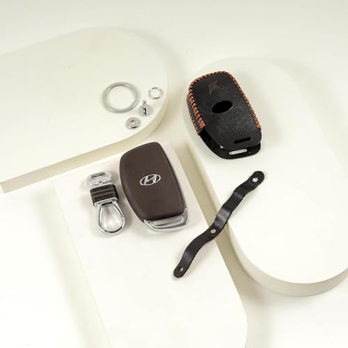 Image of Leather Smart Car Key Cover Case with Key Chain for Tucson, I-20 (2021), Creta, Venue, Elantra (Black)