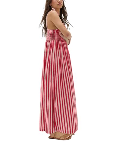 Image of Lentta Women's Striped Smocked Maxi Dress Causal Spaghetti Strap Stretchy Flowy Swing Long Dress with Pockets