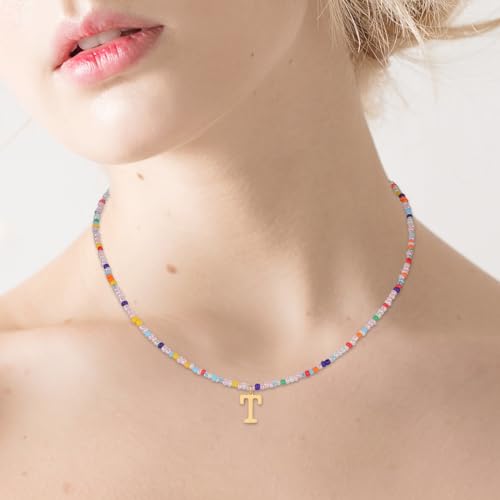 for Women Girls Letter PendantSummer Necklaces, Bohemian Beaded Necklace Colorful Beaded Initial Necklace Handmade Jewelry Gifts for Teens(T)4