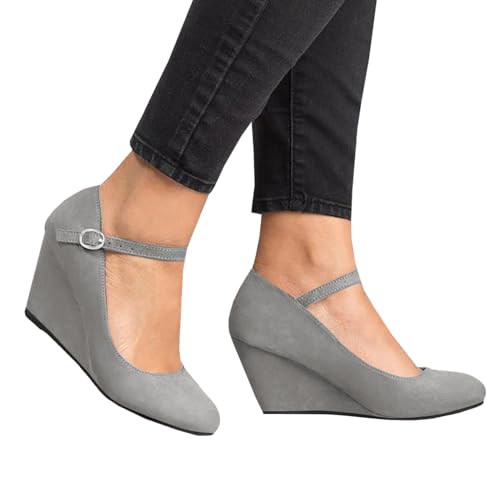 Image of Coutgo Womens Wedge Pumps Dressy Mary Jane Shoes Comfort Wedges Closed Toe Ankle Strap Heeled Shoes