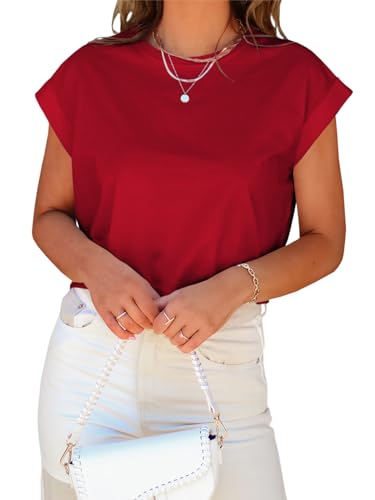 Image of Tankaneo Womens Short Sleeve Cropped T-Shirts Summer Rolled Dolman Sleeve Crop Tops Casual Round Neck Solid Short Basic Tees