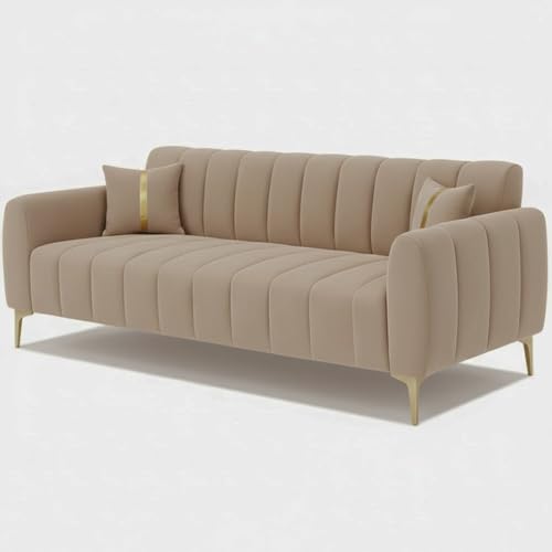 Image of FURNY Harmony 3 Seater Velvet Fabric Sofa Set (Beige) with Golden Finish Legs Durable & Comfortable Ideal for Living Room