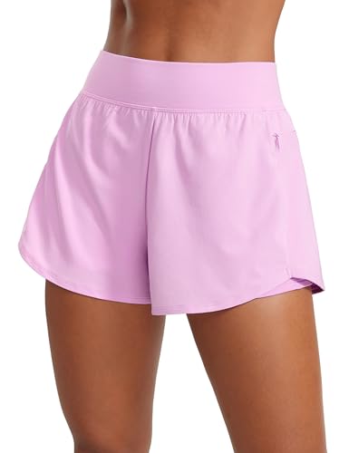 CRZ YOGA Damen Doppelschicht Laufshorts Hohe Taille 2 in 1 Kurze Hosen für Athletic Tennis Workout mit Reißverschlusstaschen - 8 cm Vita Rosa 40